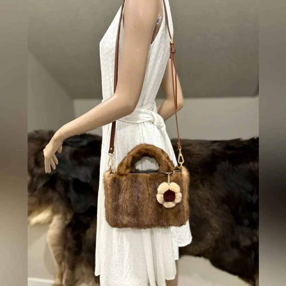 Handmade Real Muskrat Fur Top Handles Satchel With Mink Fur Flower Bag Charm